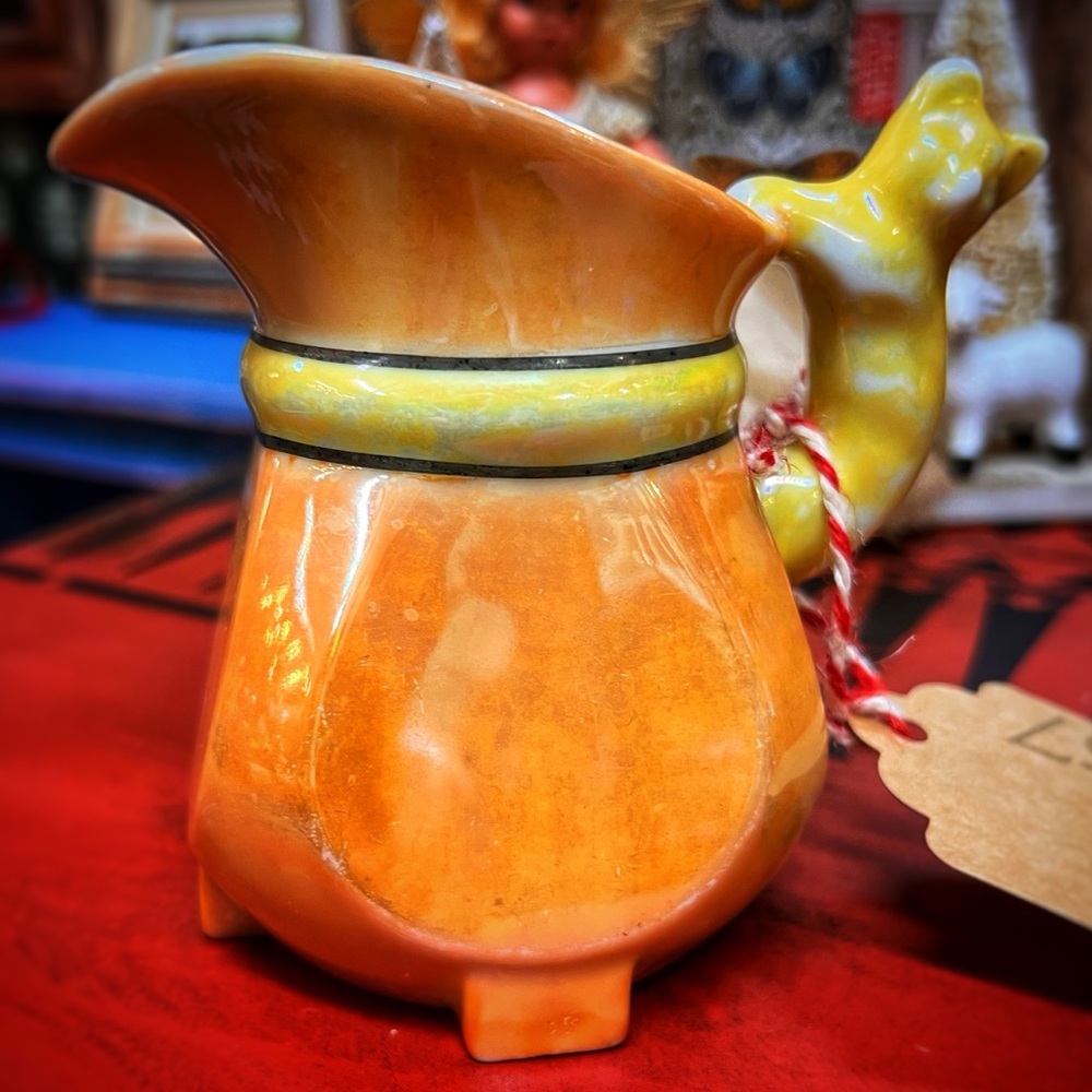 Vintage blue with gold Lusterware cream pitcher with cat handle